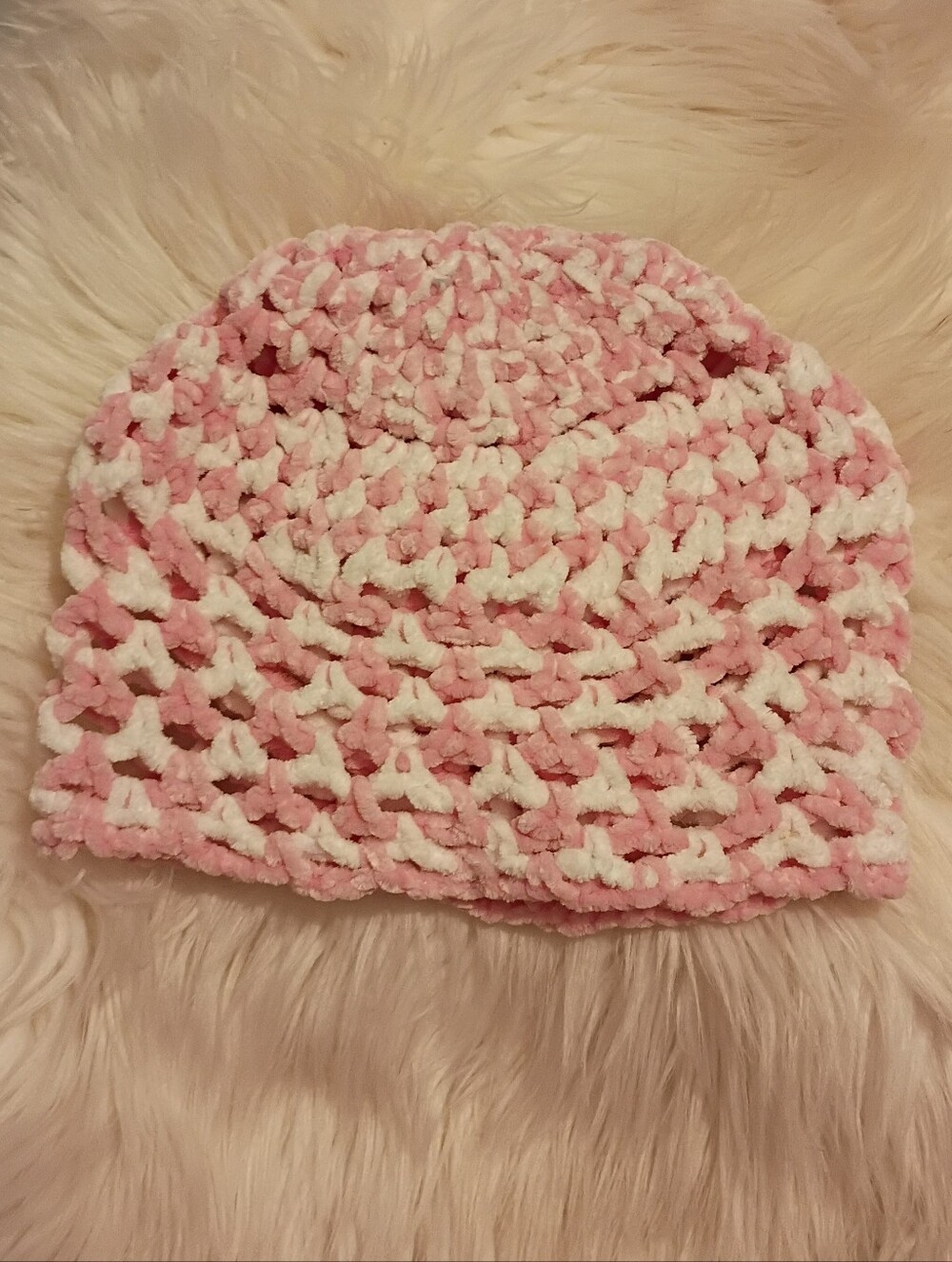 Plush Crochet Beanie in Pink and White - Women's Cozy Hat